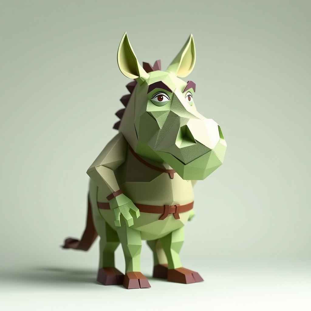 AI-generated lowpoly papercraft of Burro de shrek.