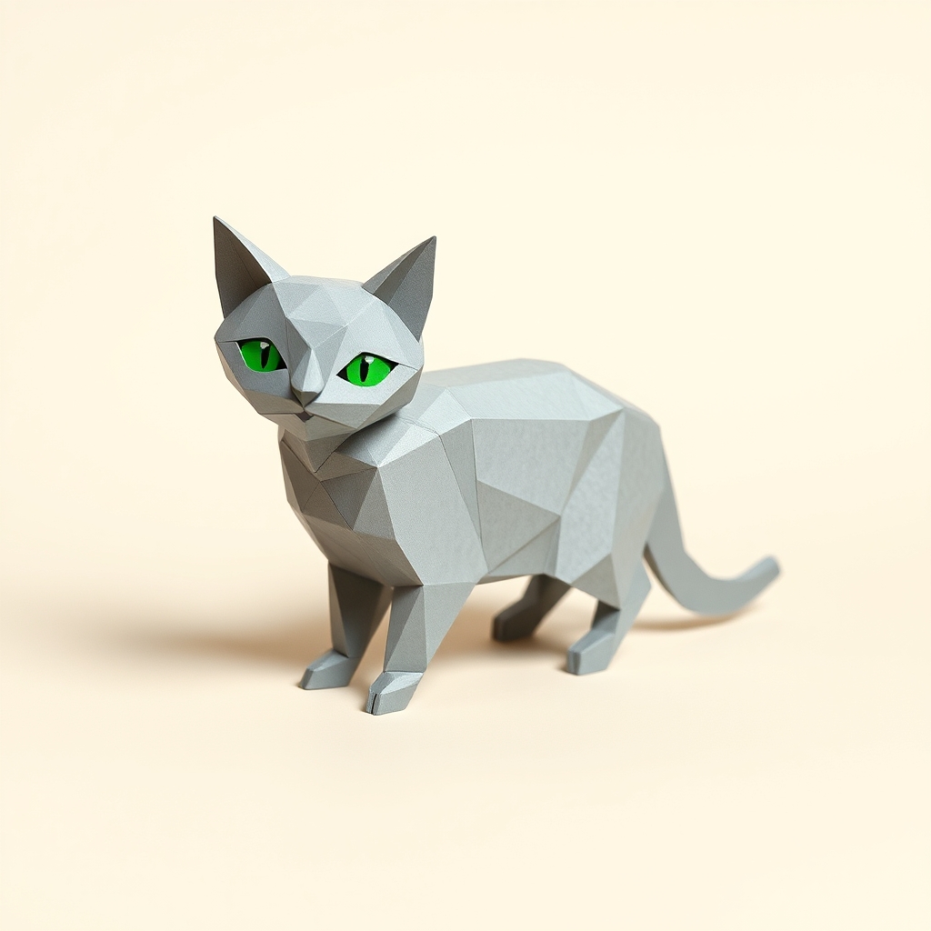 Gray and Green Cat Papercraft — Free Low Poly Design