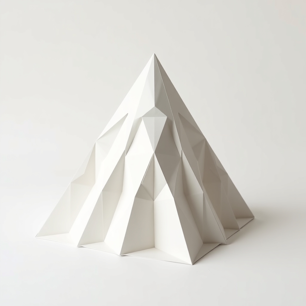 AI-generated pixel papercraft of low poly pyramid.