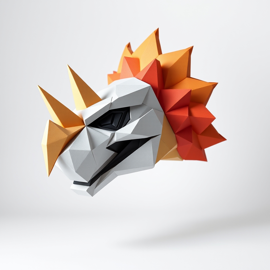 AI-generated lowpoly papercraft of exact replica of the might morphin power rangers triceratops zords head.