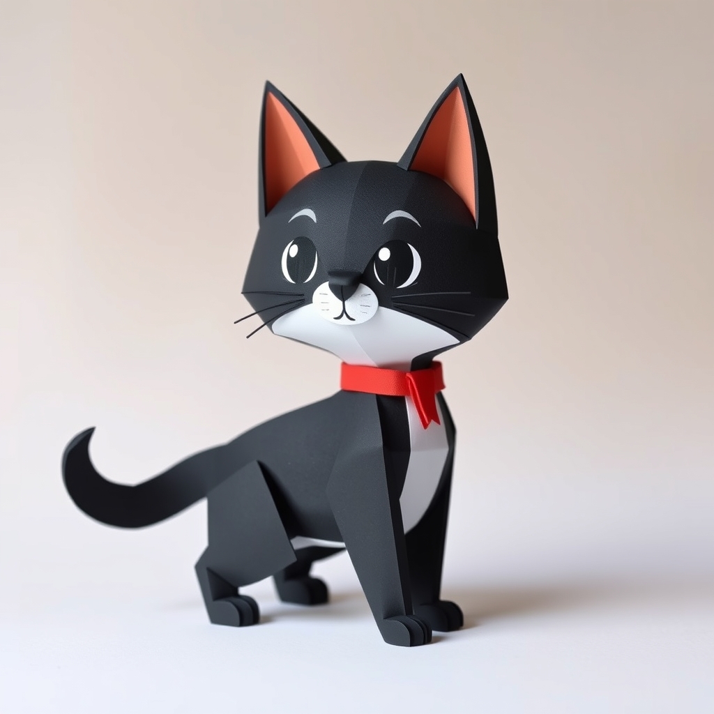 AI-generated cute papercraft of Un gatito realista sentado negro.