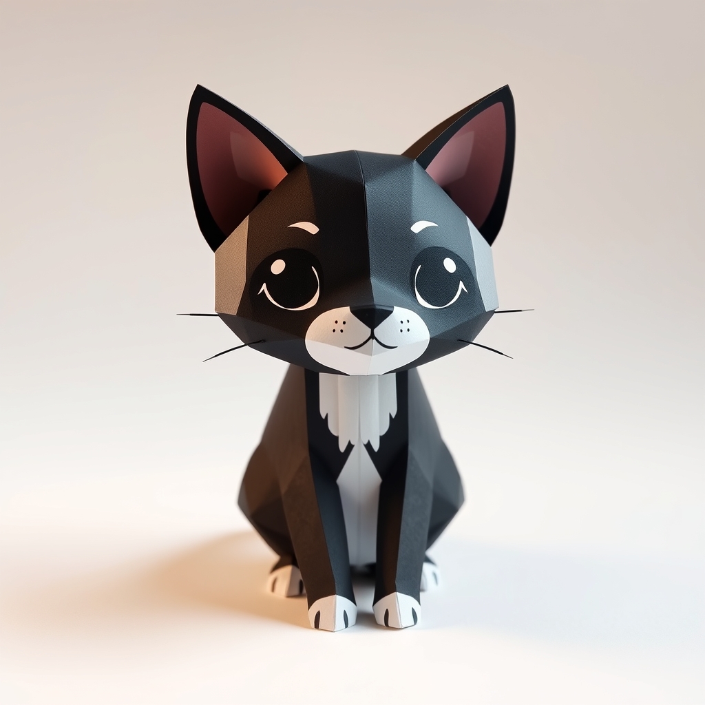 AI-generated cute papercraft of Un gato realista sentado negro.